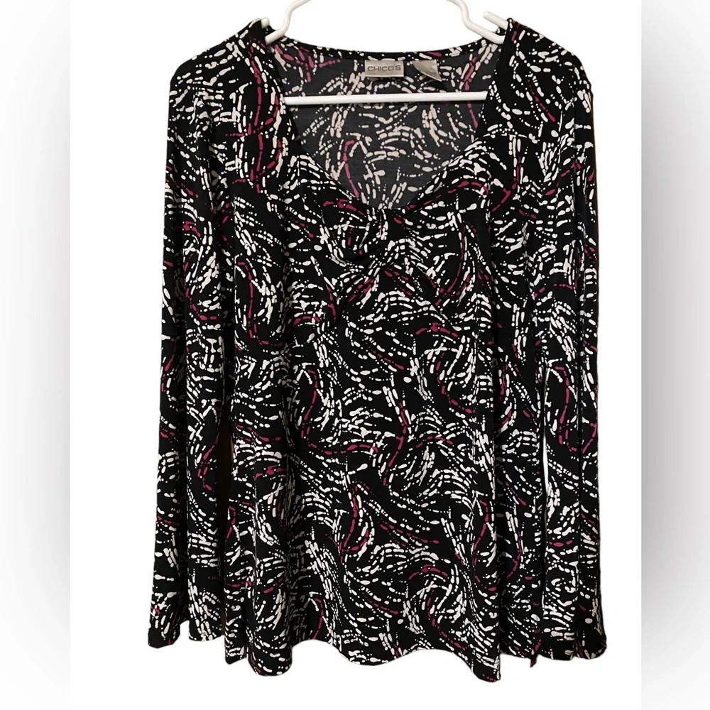 Chicos Blouse Size 1 US Medium Top Stretch Jersey Knit Long Sleeves Shirt - Picture 1 of 15